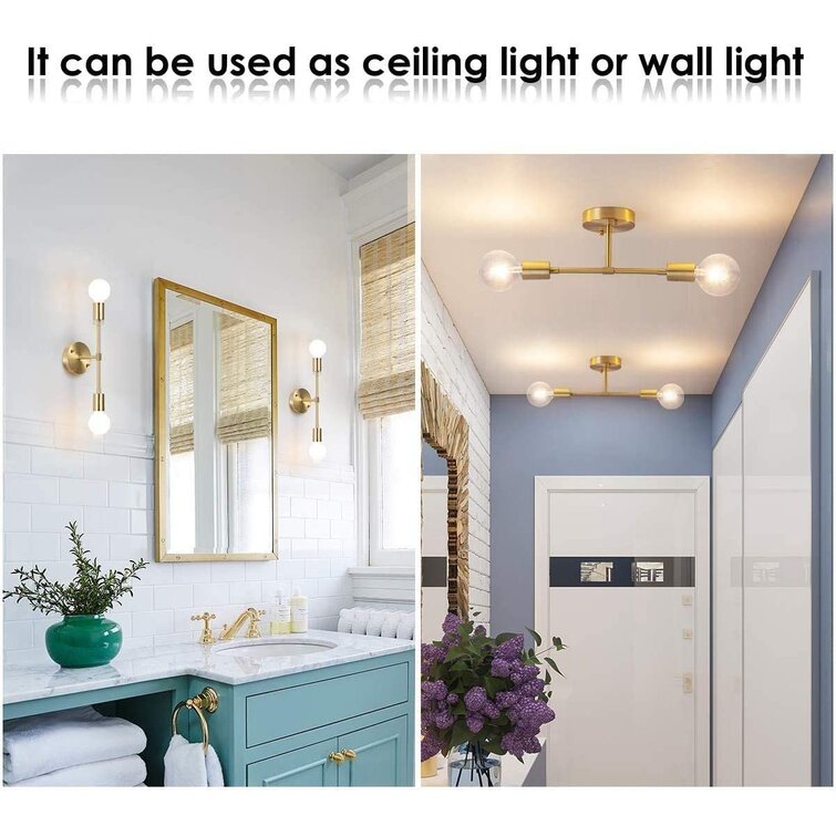 Gold Vanity Lights, UL Listed 2-Light Bathroom Light Fixtures Over Mirror  Brass Sconce Modern Semi Flush Mount Ceiling Light Fixture For Toilet 